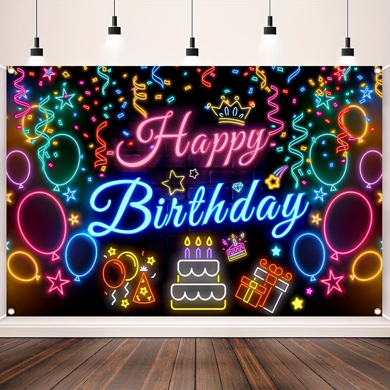 

1pc Neon Glow Happy Birthday Backdrop Banner - 150x100cm Fluorescent Party Decoration, Polyester Birthday & Celebration Theme Wall Covering, No Lighting Required, Ideal For Party & Photo Props