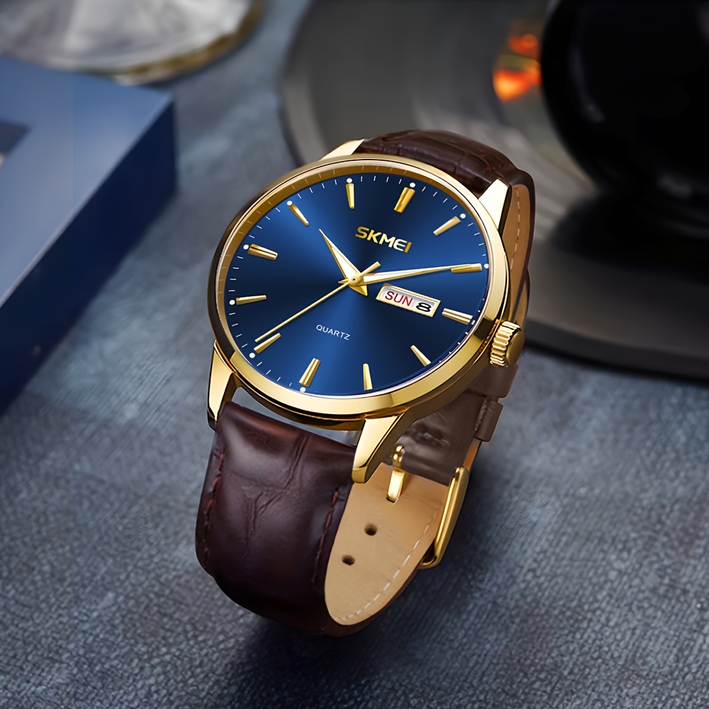   business mens watch metal case pu leather strap date day     resistant classic formal wristwatch