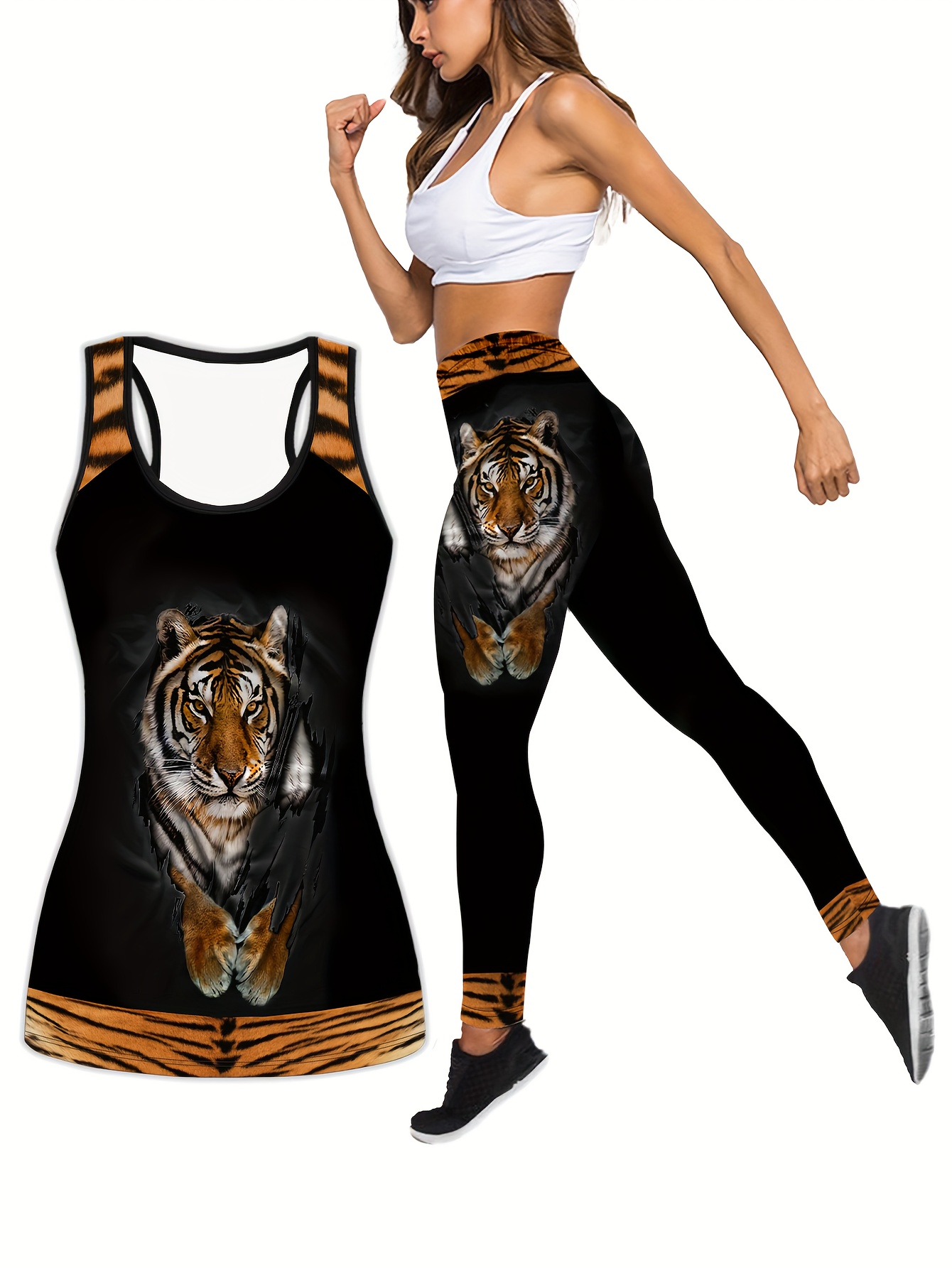 Tiger Print Two-piece Set, Contrast Trim Tank Top & High Waist Leggings  Outfits, Women's Clothing