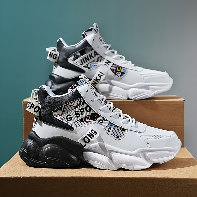 Zapatillas casuales de caña alta para hombre con patrón aleatorio, ajuste universal, cierre de cordones, uso para todas las estaciones, punta redonda, suela de PVC, plantilla de tela y parte superior de imitación.