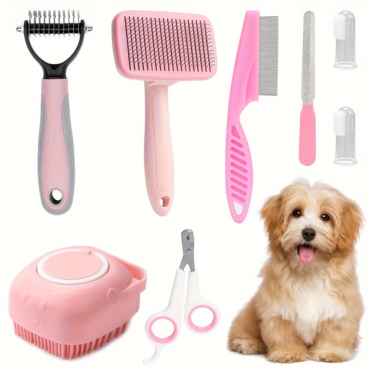 

8pcs Dog Grooming Kit - Self-cleaning Pet Brushes, Nail Clippers & Flea Comb Set In Pink And Gray, Abs+metal For All Breeds, Pet Grooming | Grooming Kit|ergonomic Pet Tools, Dog Grooming Supplies