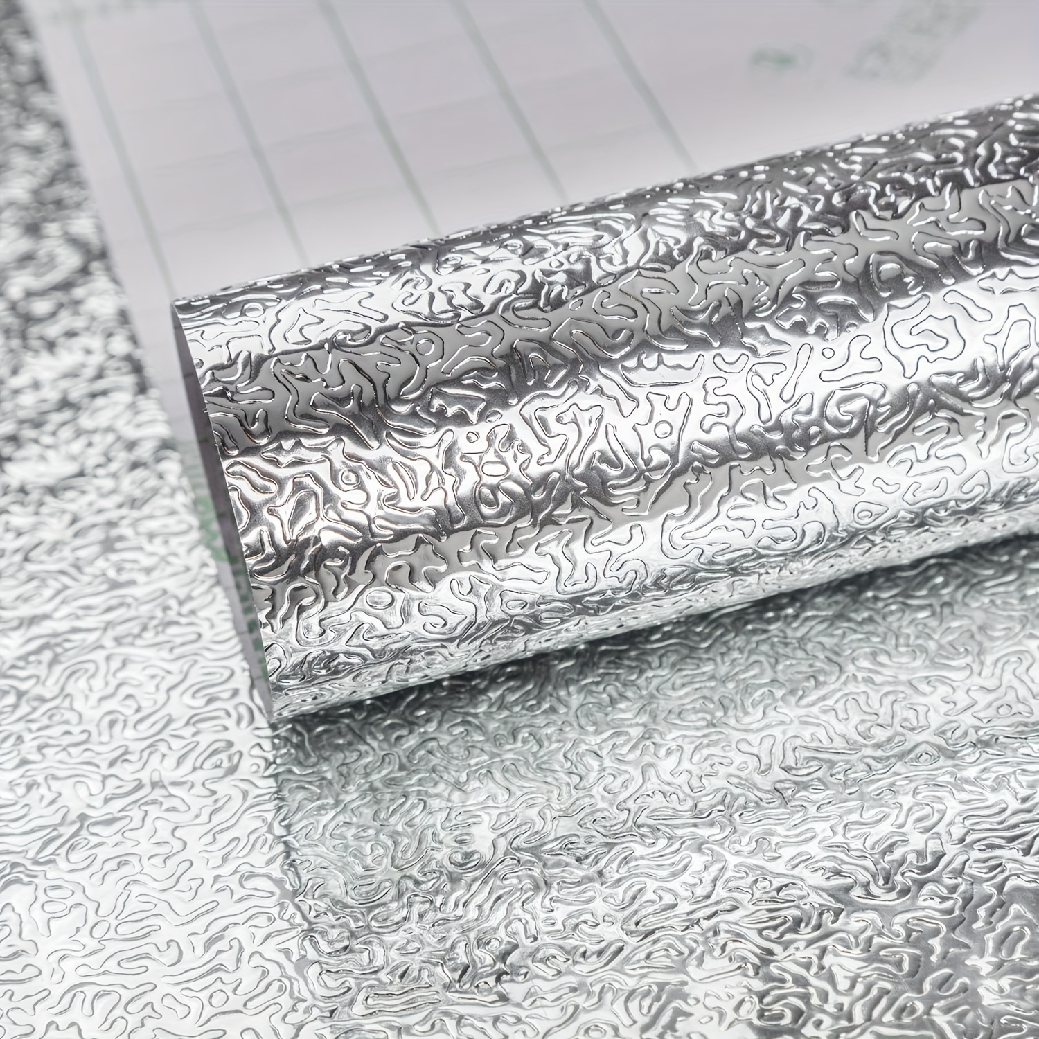 Image of Silvery Self-adhesive Film Vinyl Wallpaper In Aluminium Foil Look Water And Greaseproof Stickers For Kitchen Cabinets Diy Wall Sticker Metallic Feel Thick