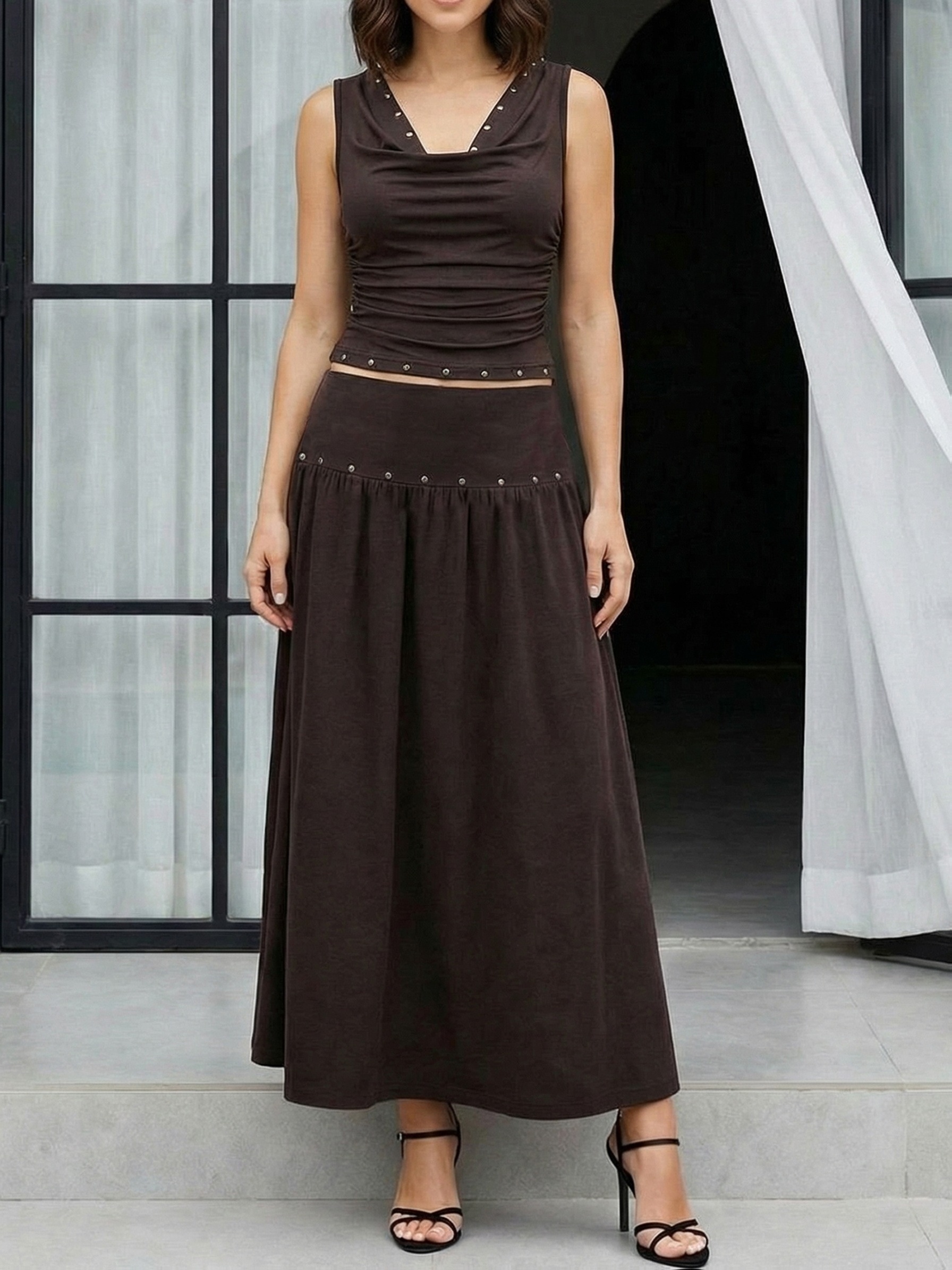 two piece brown dress Momyknows Ruched Cowl Neck Two Piece Spaghetti Strap Long Dress And Duster  Coat Long Sleeve Babyshower Maternity Maxi Dress