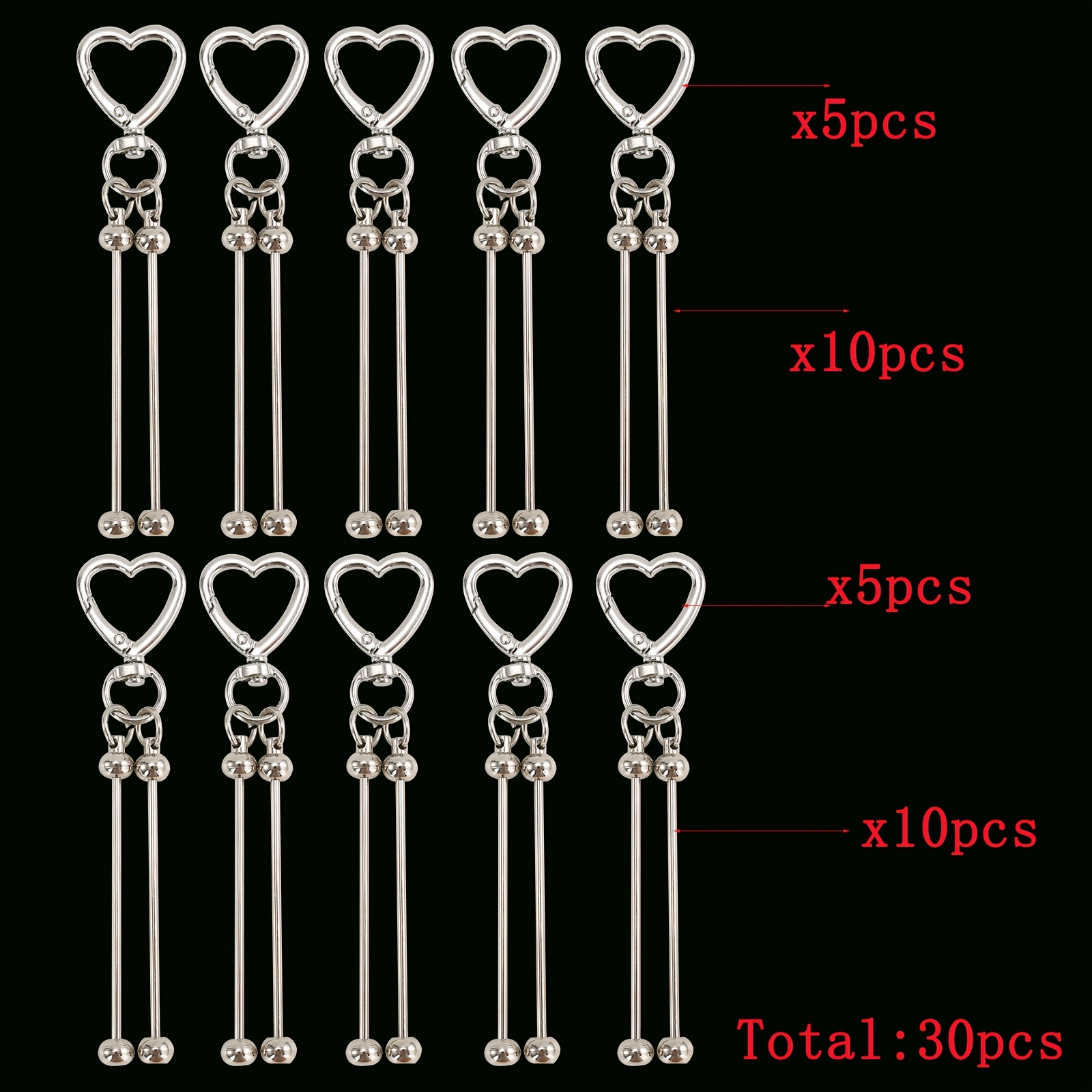 Image of 30pcs Love Key Chain Bead Rod Set, Suitable For Diy Key Chains, Key Rings Accessories, For Making Bags, As Party Or Festival Gifts, Etc.