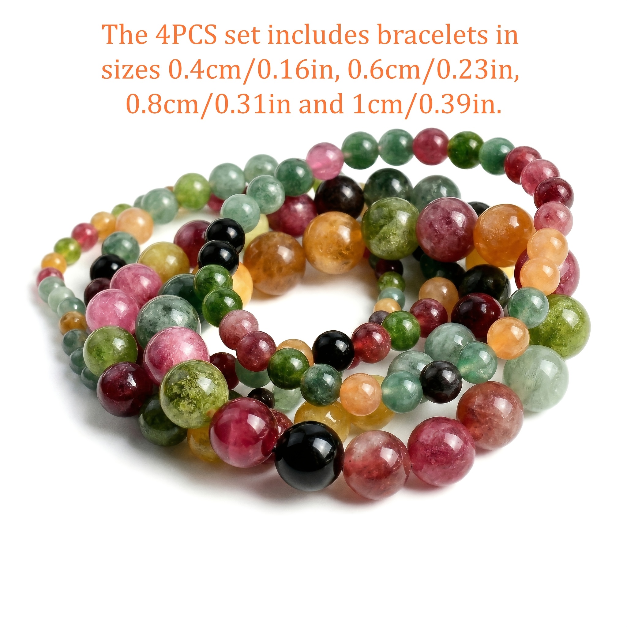 TEMU 4pcs Set Of Natural Stone Bead Bracelets, 4/6/8/10mm Colorful Natural Stone Elastic Bracelets, Stackable Jewelry