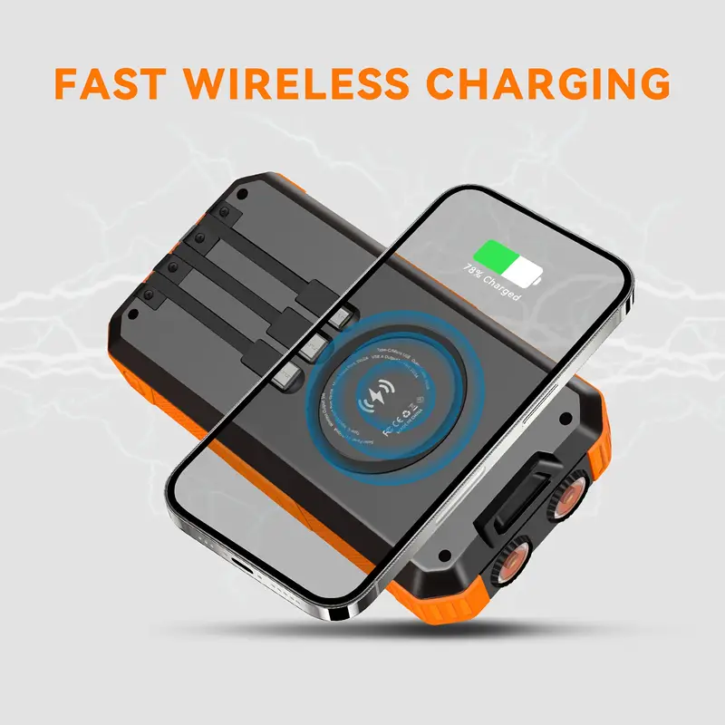 solar power bank with solar charging & usb-c fast charging, 20000mah portable charger with built-in flashlight, triple cable (3a output, wireless charging, compact & rugged design for camping, emergencies, travel - compatible with smartphones, tablets, laptops, outdoor electronics, camping essentials, durable construction, reliable performance, multidevice , techsavvy Product details 3