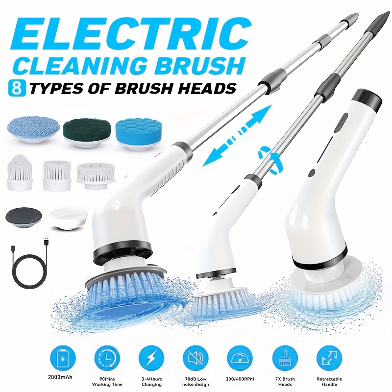 TEMU Brosse de nettoyage électrique rotative 2026, brosse de nettoyage fil avec écran LED, 9 têtes remplaçables et 4 manches d'extension réglables -