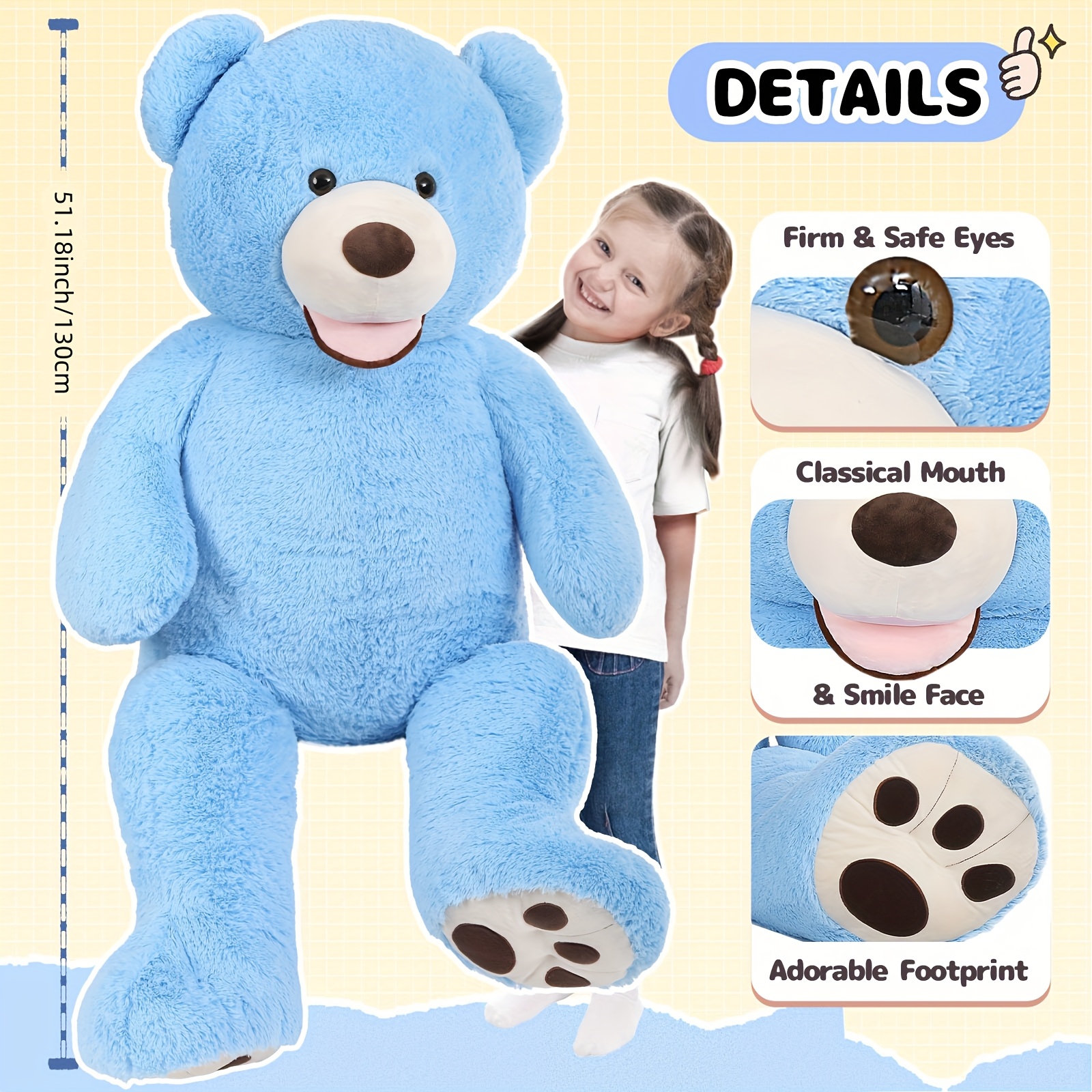 Giant Blue Teddy Bear Plush Toy, Soft Polyester Stuffed Animal with  Footprints, Large Size for Shower, Christmas, Valentine's Day, Birthday