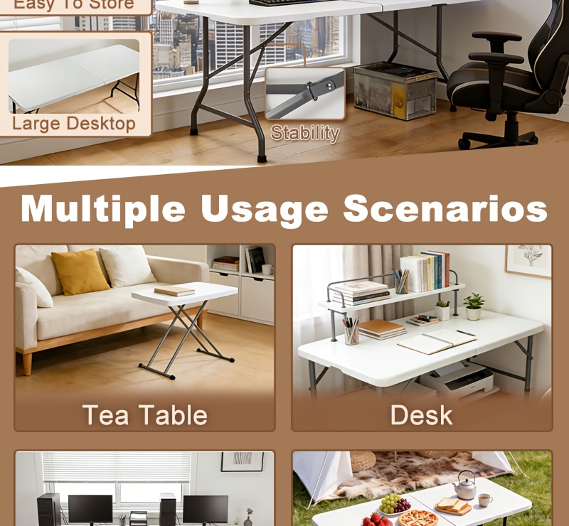 2.5/4/6英尺折叠桌 | 便携式重型塑料半折叠用途桌，带提手、锁具、可调节高度，适用于室内/室外，是露营和派对的理想选择，白色/黑色