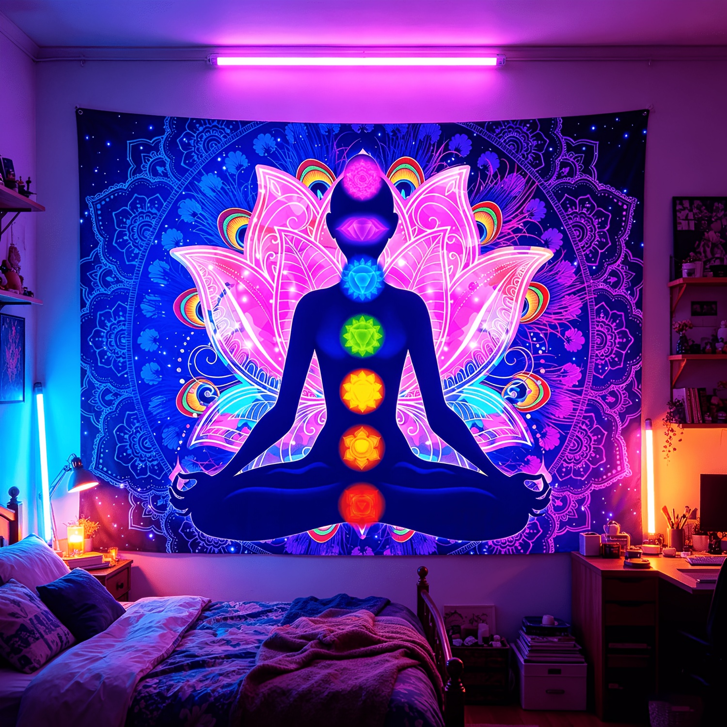 Uv blacklight reactief zeven chakra mandala wandkleed voor huis_voghion.com
