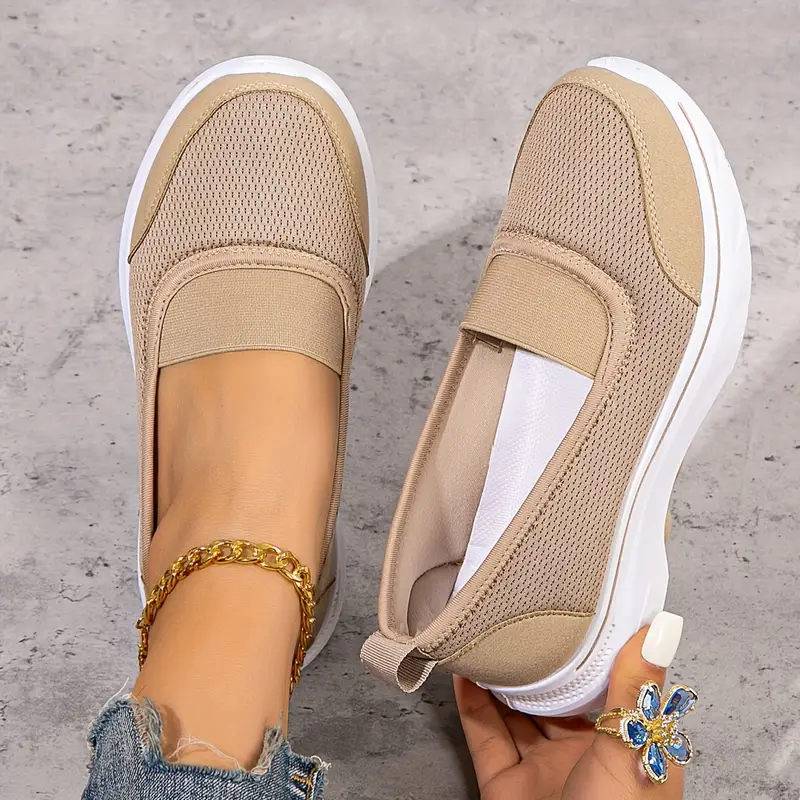womens spring casual slip on sneakers comfortable solid color mesh fabric shoes non slip soft pvc sole low top plain toe walking shoes for middle aged and elderly details 7