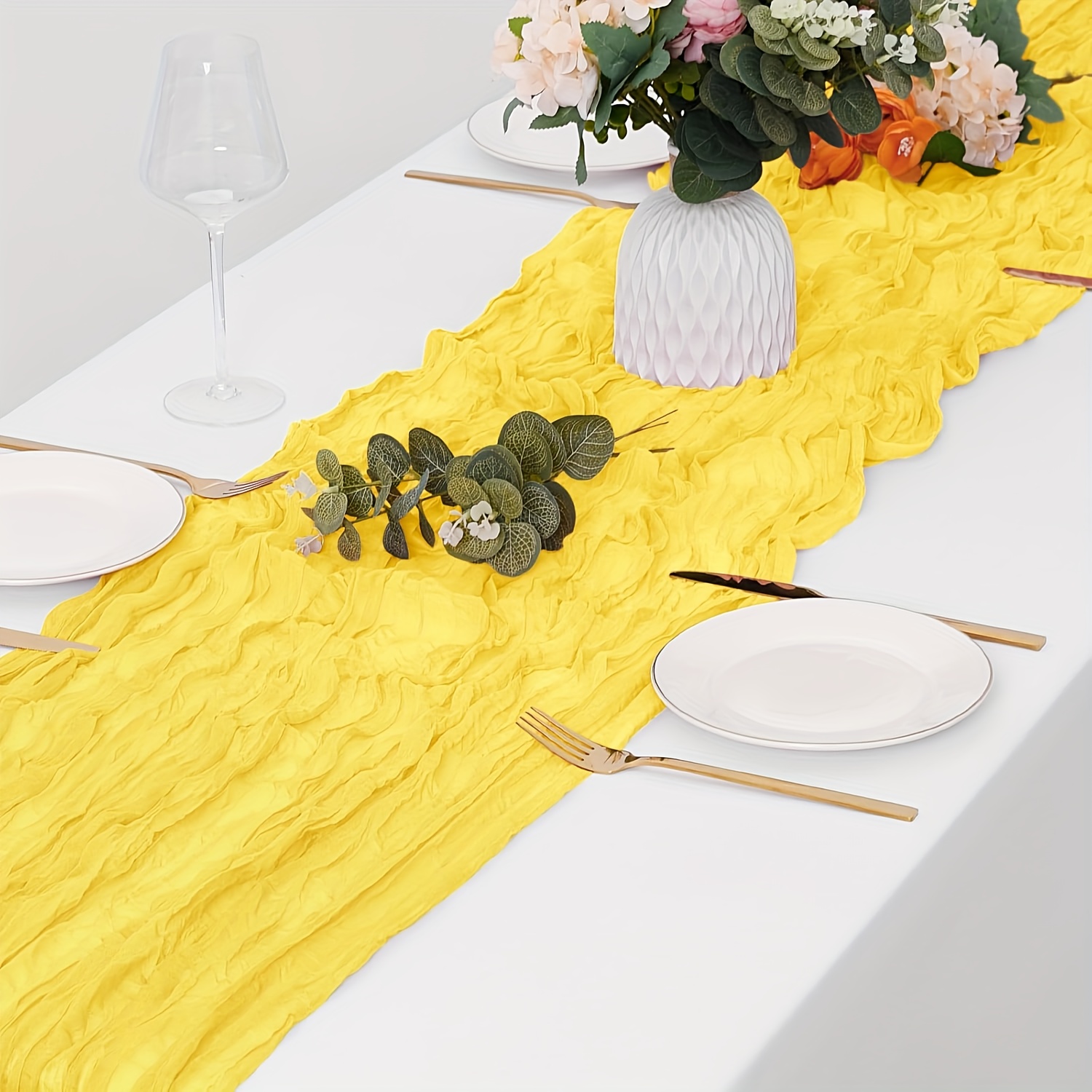Image of Lemon Yellow Cheesecloth Table Runner 10ft Long - Sheer Gauze Cloth Wedding, Baby Shower & Birthday Party Decor Suitable For Wedding, Easter, Birthday Party Table - Pure Lemon Yellow, No
