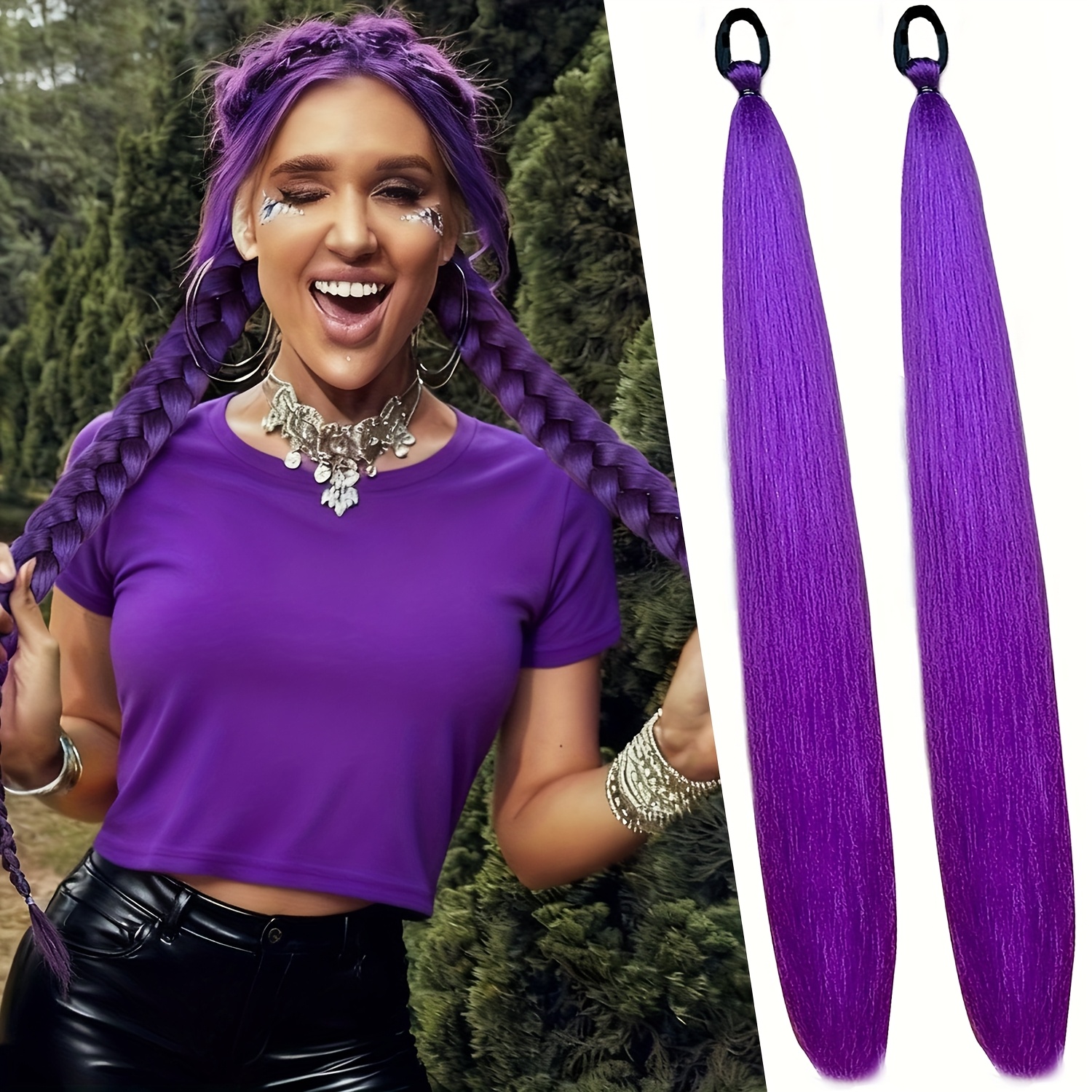 E-shop 2Pes Synthetischer langer gerader Pferdeschwanz, lila geflochtener Pferdeschwanz mit Gummizug, Halloween-Haarschmuck für Damen