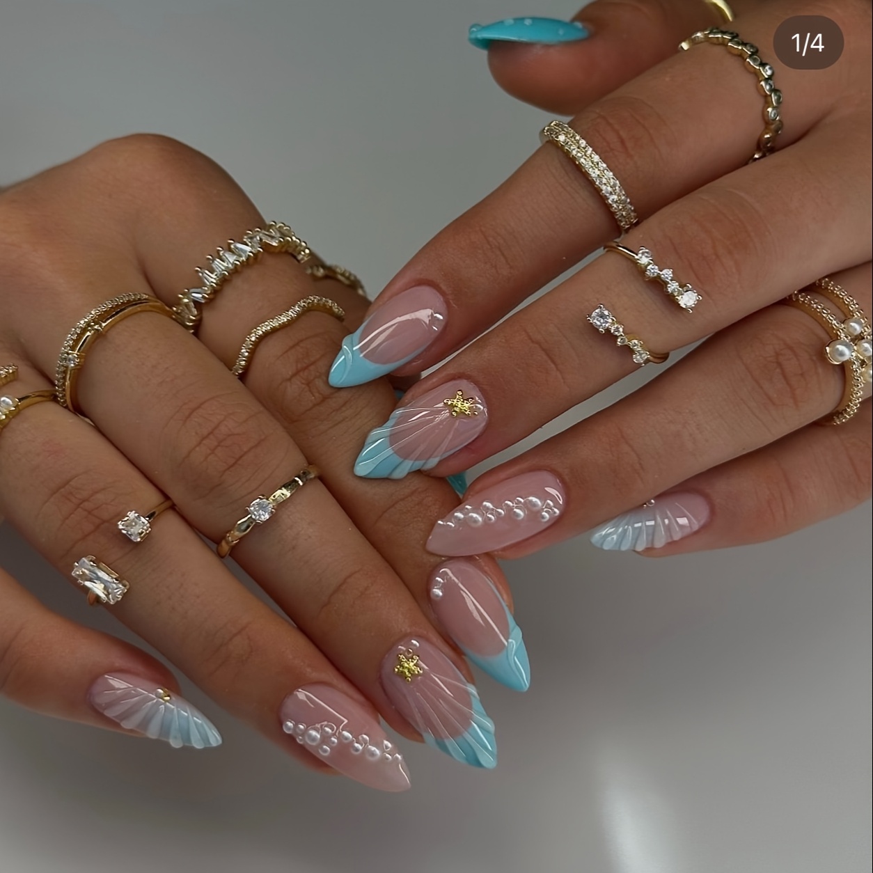 E-shop 24 Stück lange mandelförmige Gradient Blau 3D Seestern Perlen Nagelspitzen, stilvoll und abnehmbar, im europäischen und amerikanischen Stil