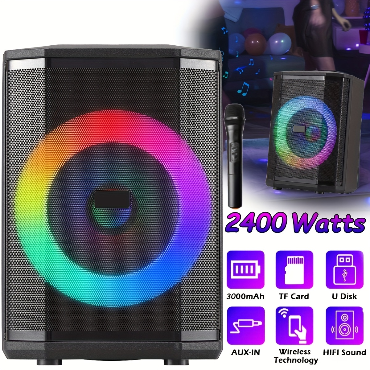 TEMU 2400w Portable Wireless Speaker With Color Led Light, Fm Aux Usb And Microphone Rechargeable System