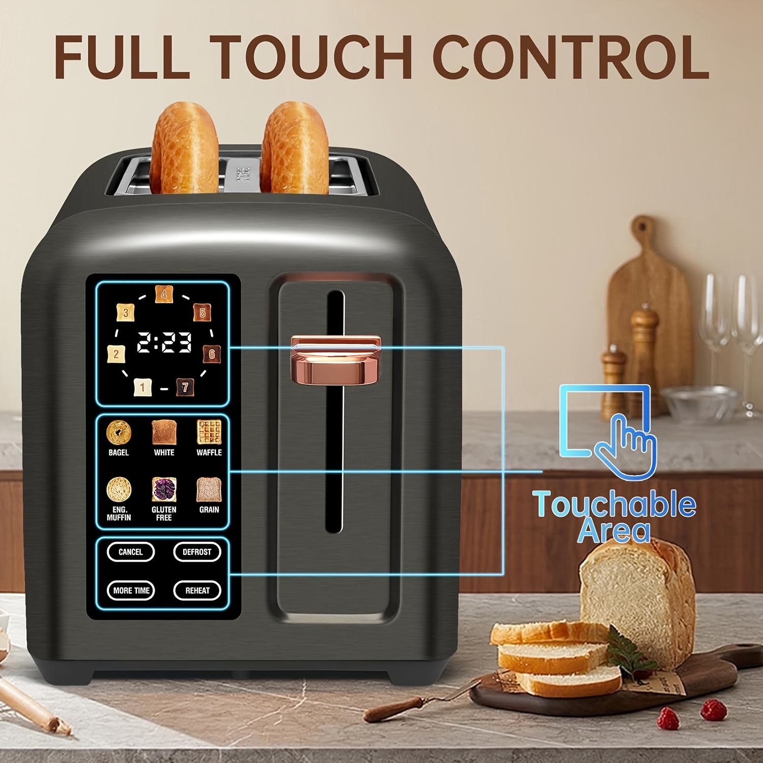 2-* Smart Toaster with LCD Touchscreen (Bagel/Waffle/Gluten-Free)  50% Faster Heating, Wide Slots, Removable Crumb