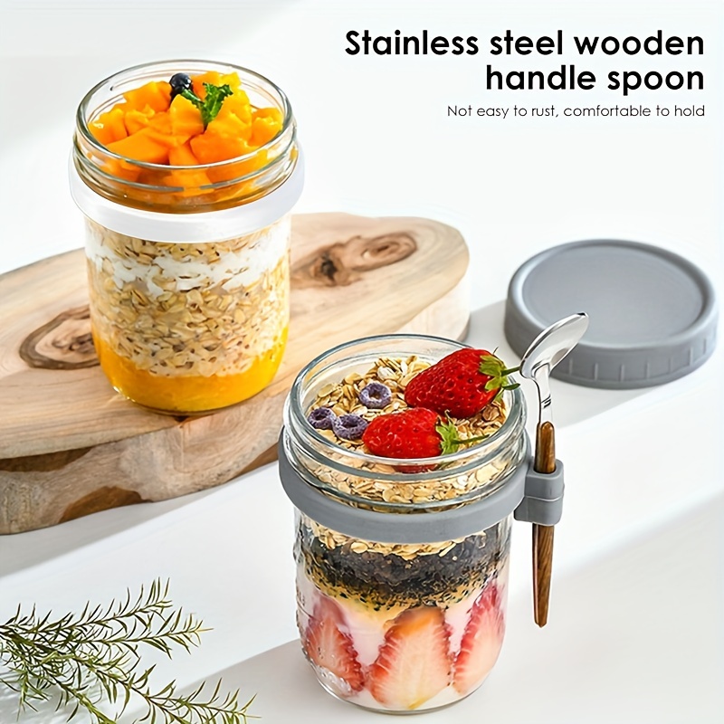 2 4pcs storage container leak proof overnight oats sealed containers with lids and spoons 12 oz reusable glass mason overnight oats jars large capacity airtight jars for milk cereal fruit and yogurt kitchen accessories details 6