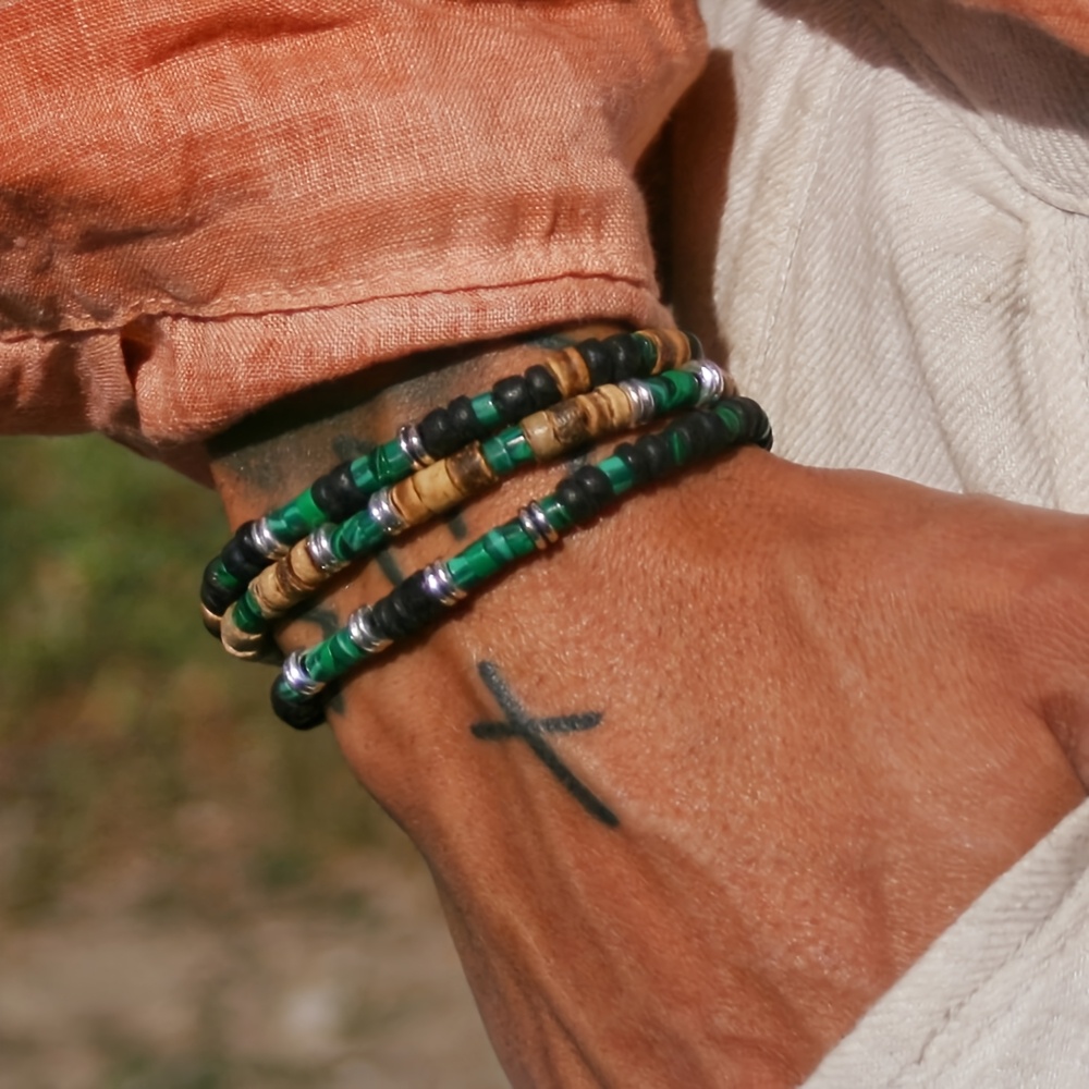 Image of 3pcs Men's Bracelet Set Coconut Chip Stacked Bracelet Set Retro African Turquoise Wood Bead Bracelet Gift Present
