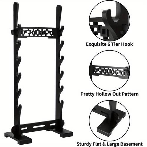 6 tier heavy duty sword display stand stable floor mount with wide base recycled wood construction holds katana samurai wakizashi for home cosplay collections easy assembly rack equipment elegant pattern sturdy build katana holder cosplay enthusiasts showcase classic hollow pattern martial artists