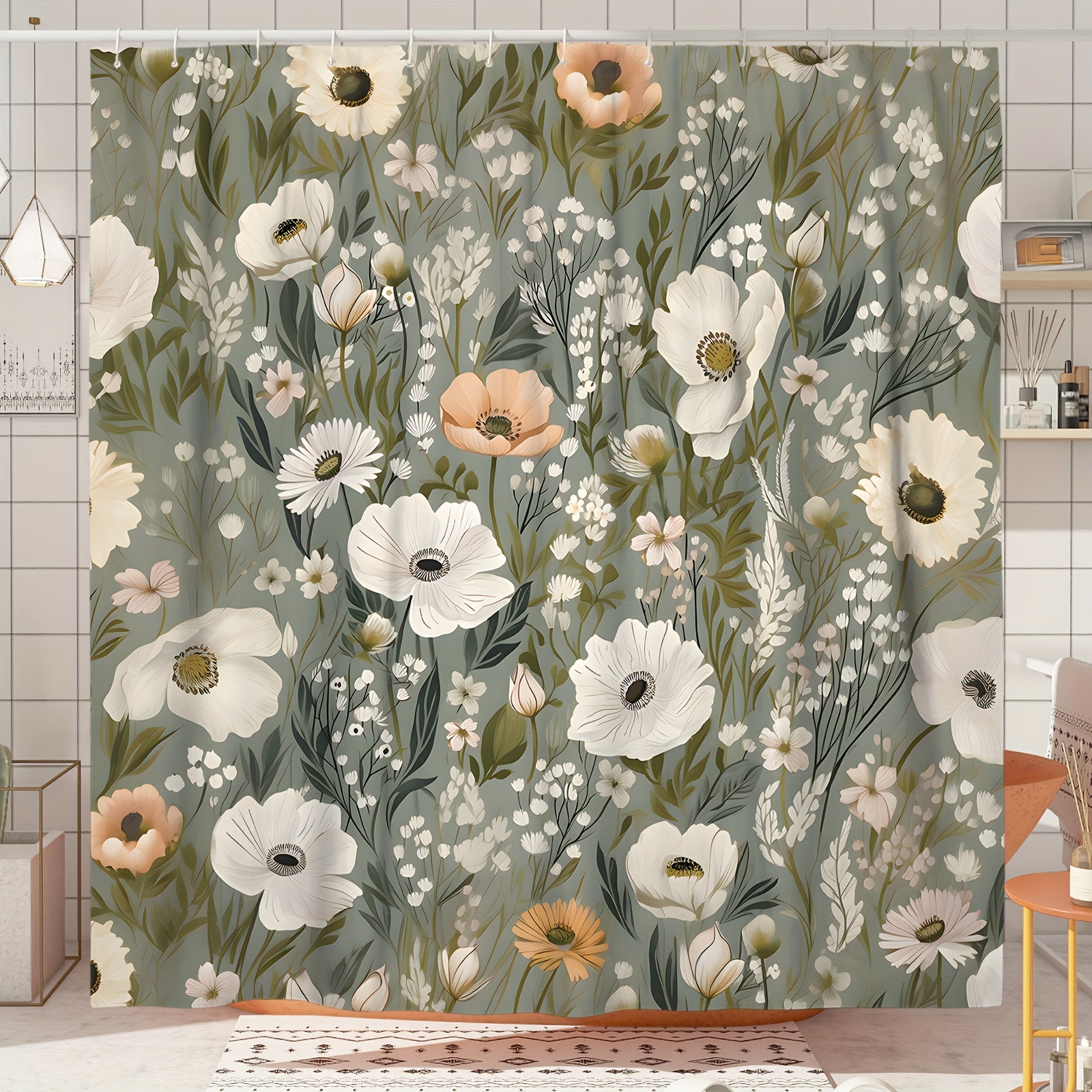 

Rustic Floral Shower Curtain With Hooks - Water-resistant Polyester Fabric, Pastoral Wildflower Print, Machine Washable, Woven Bathroom Decor, All-season, Unlined, 71x71 Inches