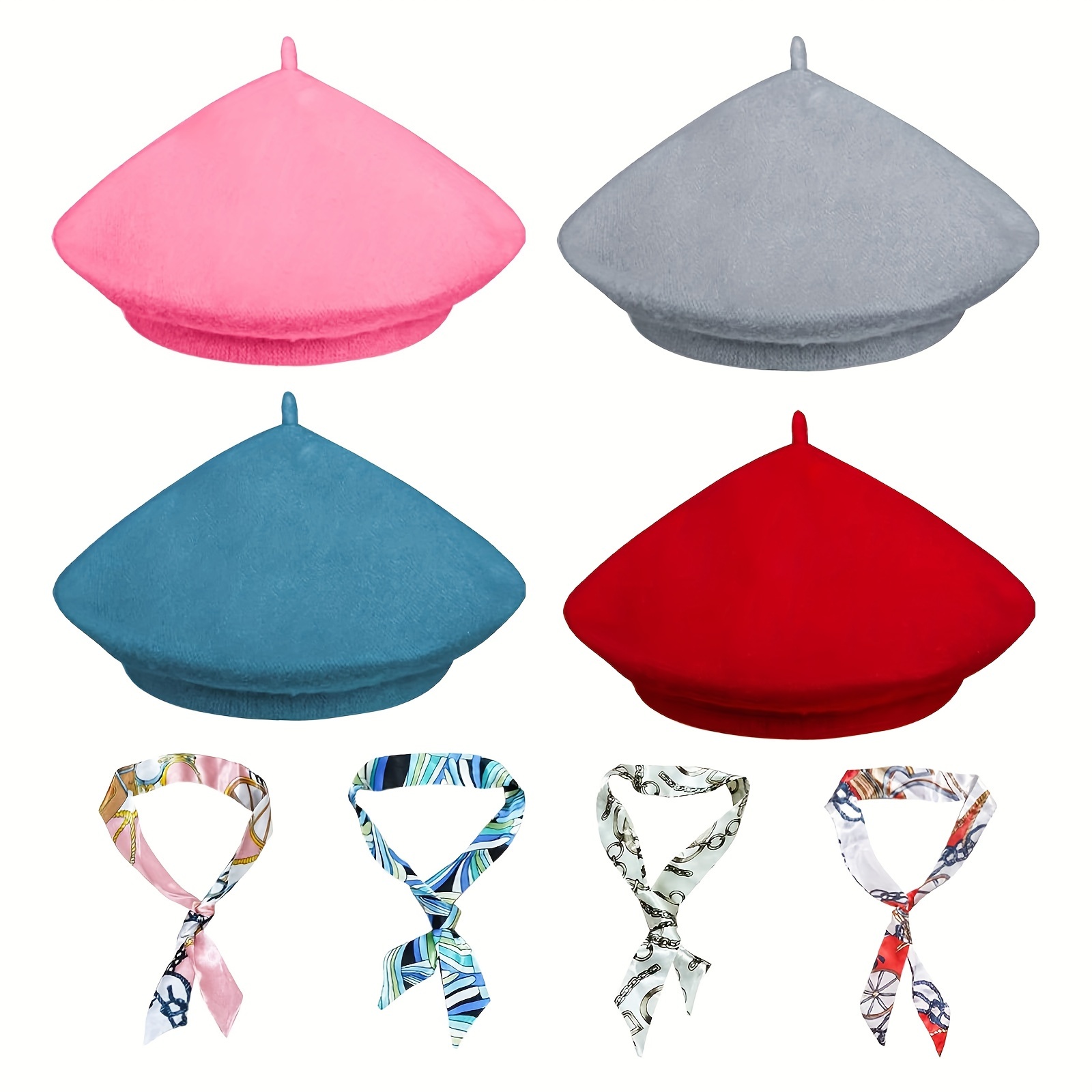 

4 Sets Wool Beret Hat French Style Beanie Hats With Neck Scarf Fashion Beret Caps For Women Lady