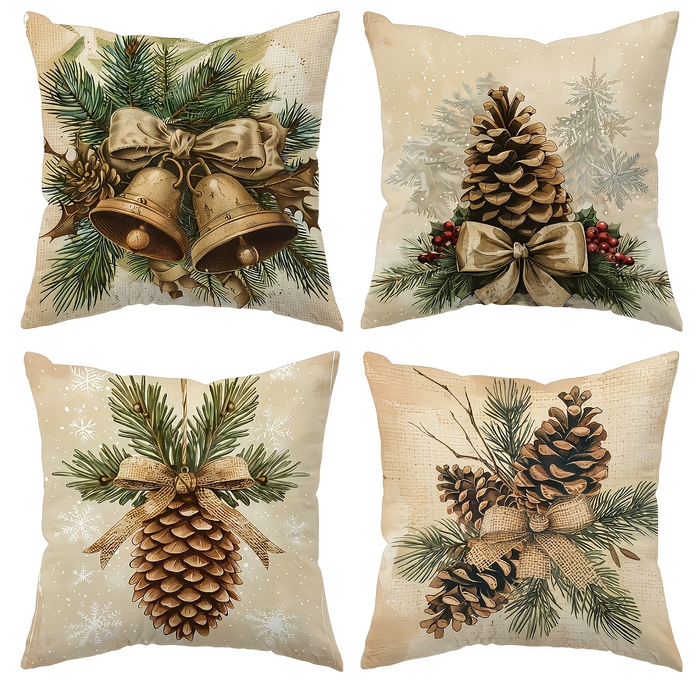 TEMU 4pcs-piece 4pcs Christmas Throw Pillow Covers Suitable For Sofa, Double-sided Xmas Bells Bow Cushion Cases With Zipper Closure, 16/18/20 Inch