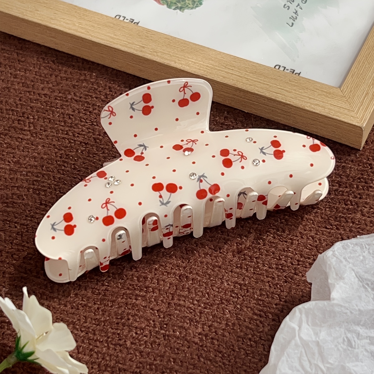 TEMU Cute Cherry Print Hair Claw Clip With Rhinestone, Cream Color Large Acrylic Hair Claw For Women, Sweet Polka Dot Hair Accessories For Daily Wear