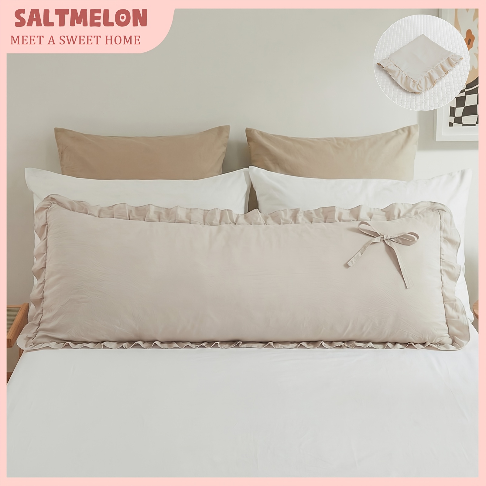 TEMU 1pc Light Beige, Camel, Burgundy Right Bow Tie Long Pillowcase, Style, Single Bedding, Synthetic Polyester Single Bedding, Body Pillowcase,