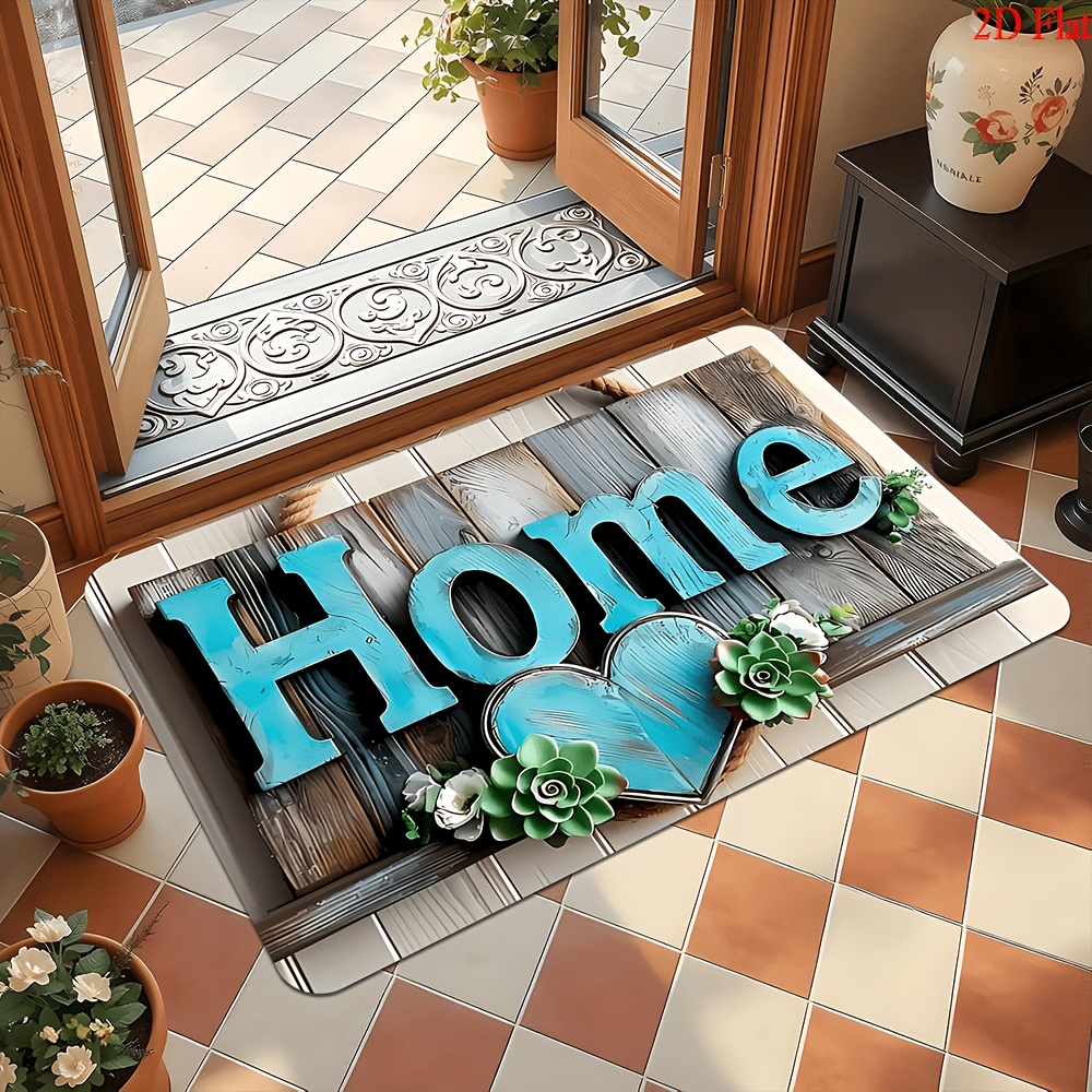 TEMU 1pc Retro Wood Grain Door Mat Decor With Succulents And Blue Wooden Hearts With English Letters, Vintage Welcome Mat, Machine Washable, Suitable