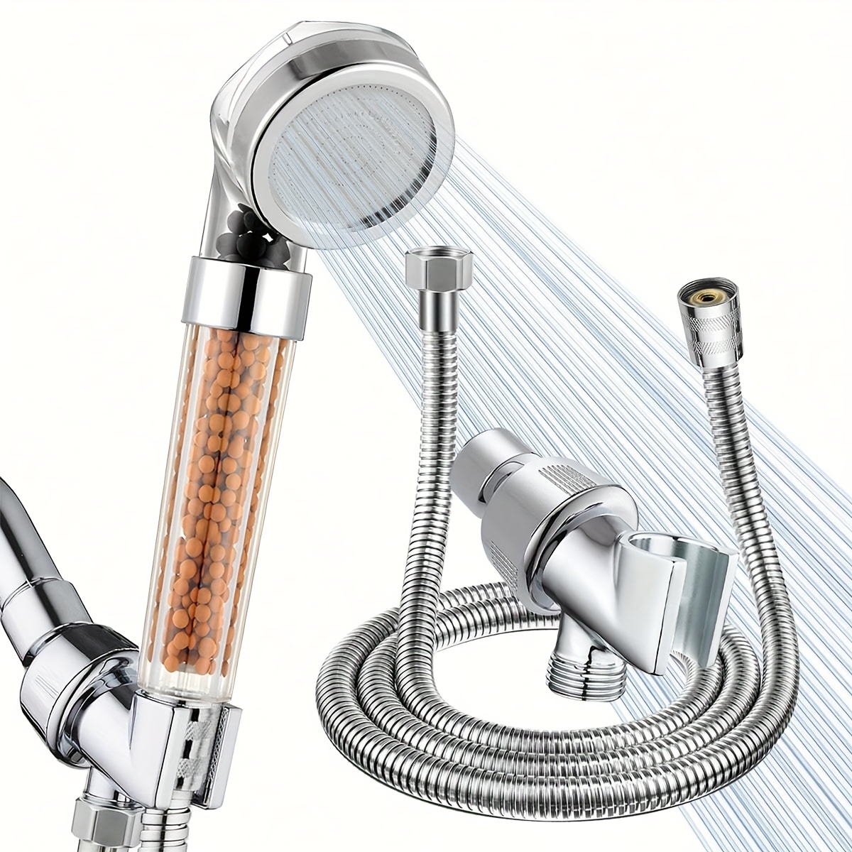 3pcs Set Handheld Shower Filter + 1.5 Meter Stainless Steel Hose + Shower Arm Holder