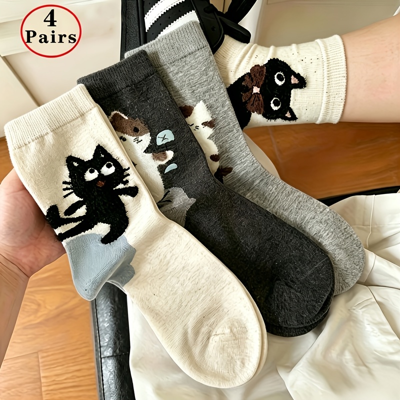 Image of 4 Pairs Autumn Winter Sweet Cartoon Cat Heel Versatile High Aesthetic Mid-calf Socks