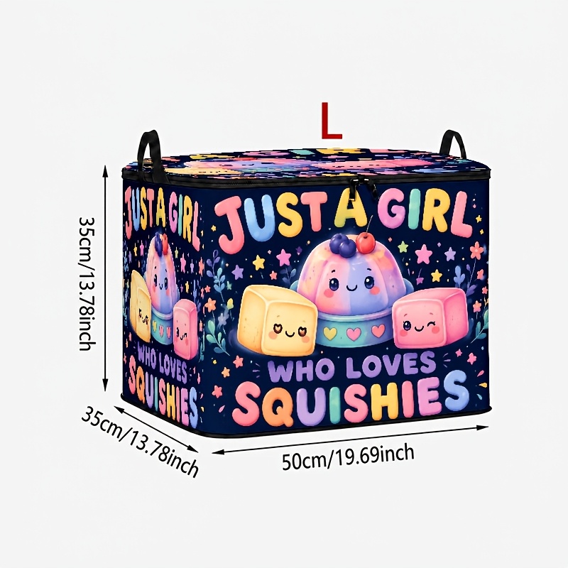 TEMU Boîte de rangement style dessin animé , imprimée avec le texte "JUST A WHO SQUISHIES" et motif de souriante, dégradé rose et violet, idéale pour