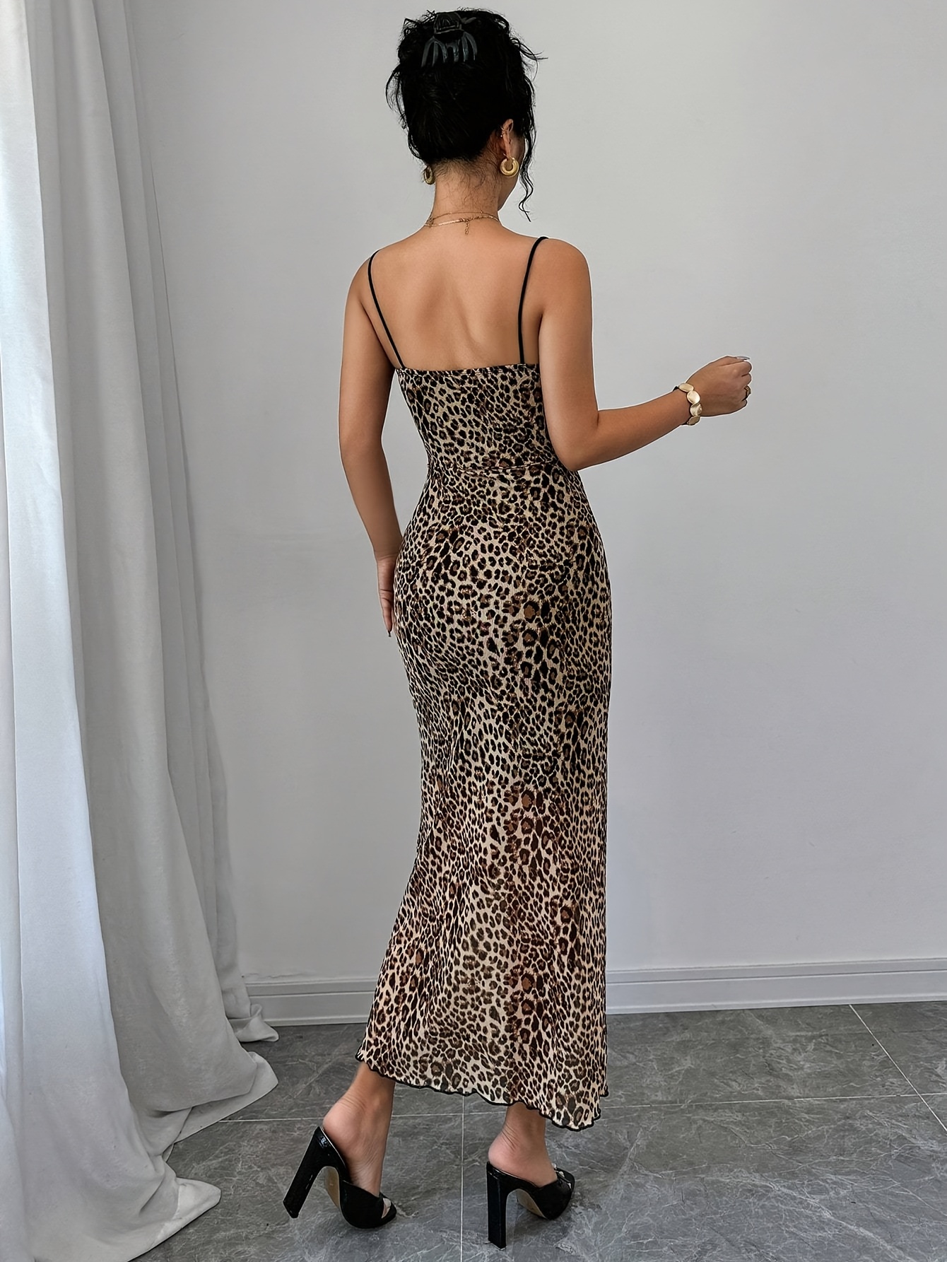 leopard print backless lace-up bodycon dress womens lace length Chaibabali