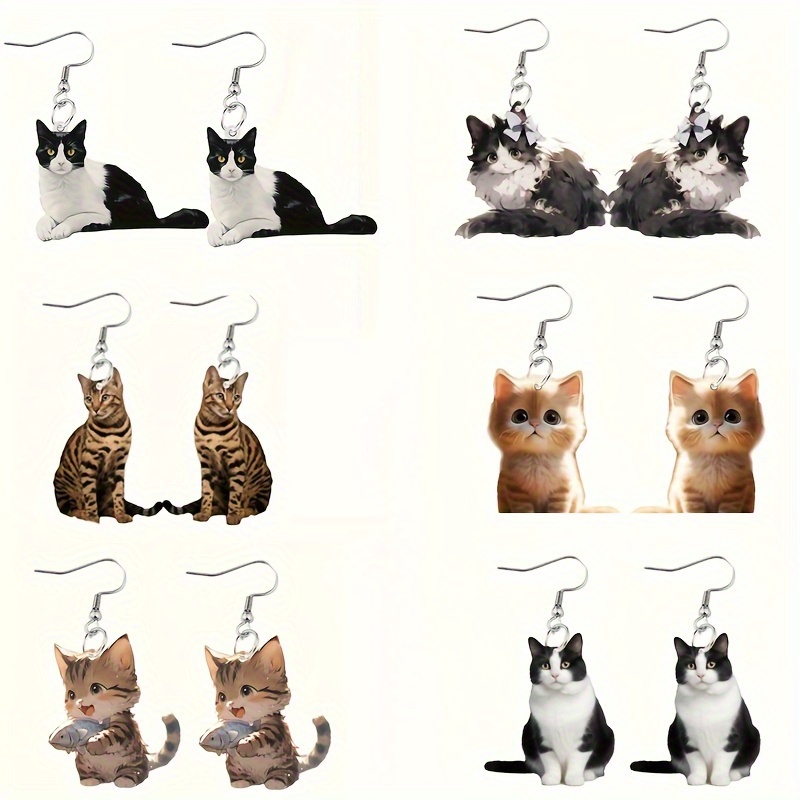 

Cute Acrylic Cat Drop Earrings Set Of 6 Pairs, Fashionable 2d Cat Dangle Earrings For Women, Long Tail Design, No Plating, Daily And Gift Occasions, All Collection