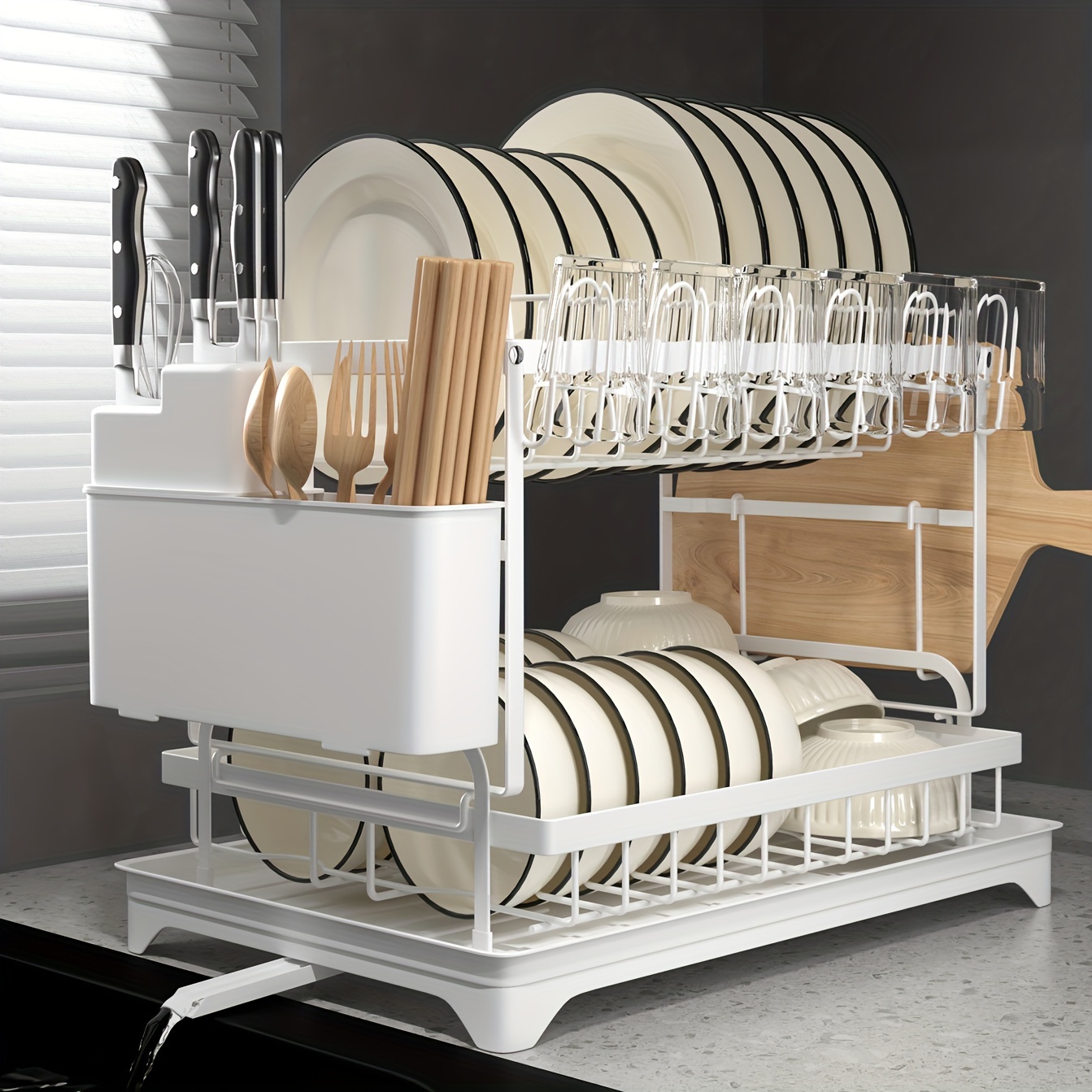 

Set Premium 2-tier Steel Dish Drying Rack - Includes Utensil Holder, Cup Holder, Extra Drying Mat - Space-saving, Rust-resistant, Durable, And Easy To Clean Kitchen Organizer