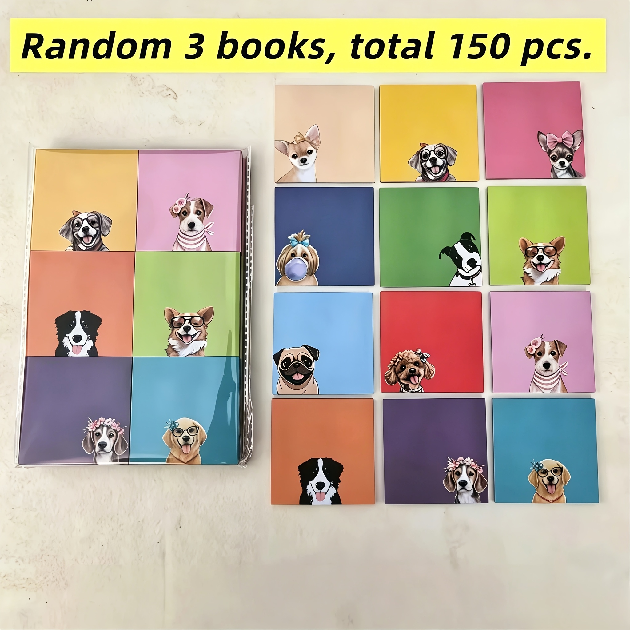 TEMU 150 Feuilles de Notes Adhésives Aléatoires et Mignonnes sur le Thème des Chiens, Ensemble de 3 Pièces, Styles Aléatoires, Bloc-Notes Adhésif