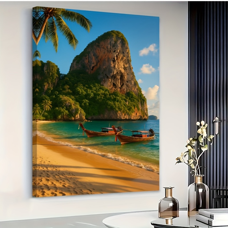 TEMU 1pc Modern Tropical Beach Wall - Turquoise Ocean Palm Tree Sand Painting - Solid Wood Framed Wrapped Canvas Poster Suitable For Living Room,