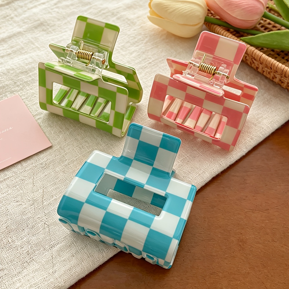 TEMU 3pcs Checkerboard Pattern Hollow Square Hair Clip, Women's Half-up Hair Clip, Glossy Acrylic Material, Color- Checkered Hair Clip, Suitable For