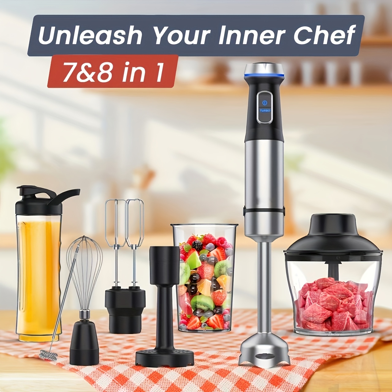 TEMU Blender 7 & 8in 1 Hand Blender Max 1000w Heavy Duty Motor, 15 Speed Mode Handheld Blender Stainless Steel Sitck Blender Includes 7&8 Total