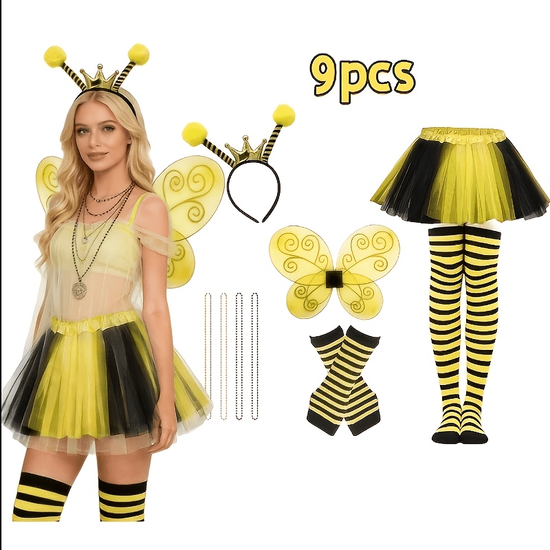 TEMU Ensemble de costume d'abeille pour femmes, 9 pièces. Comprend des ailes, une jupe tutu en , un bandeau, des bas et des ajouts rayés, idéal pour