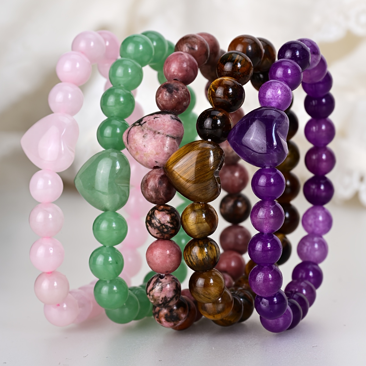 Women's Natural Stone Bead Bracelet Set, Rose Quartz & Amethyst