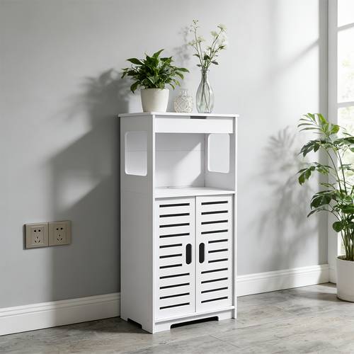 a 75x36x22cm modern white freestanding bathroom cabinet with louvered doors and open shelves a waterproof toilet paper storage organizer for bathrooms living rooms and bedrooms white shelves