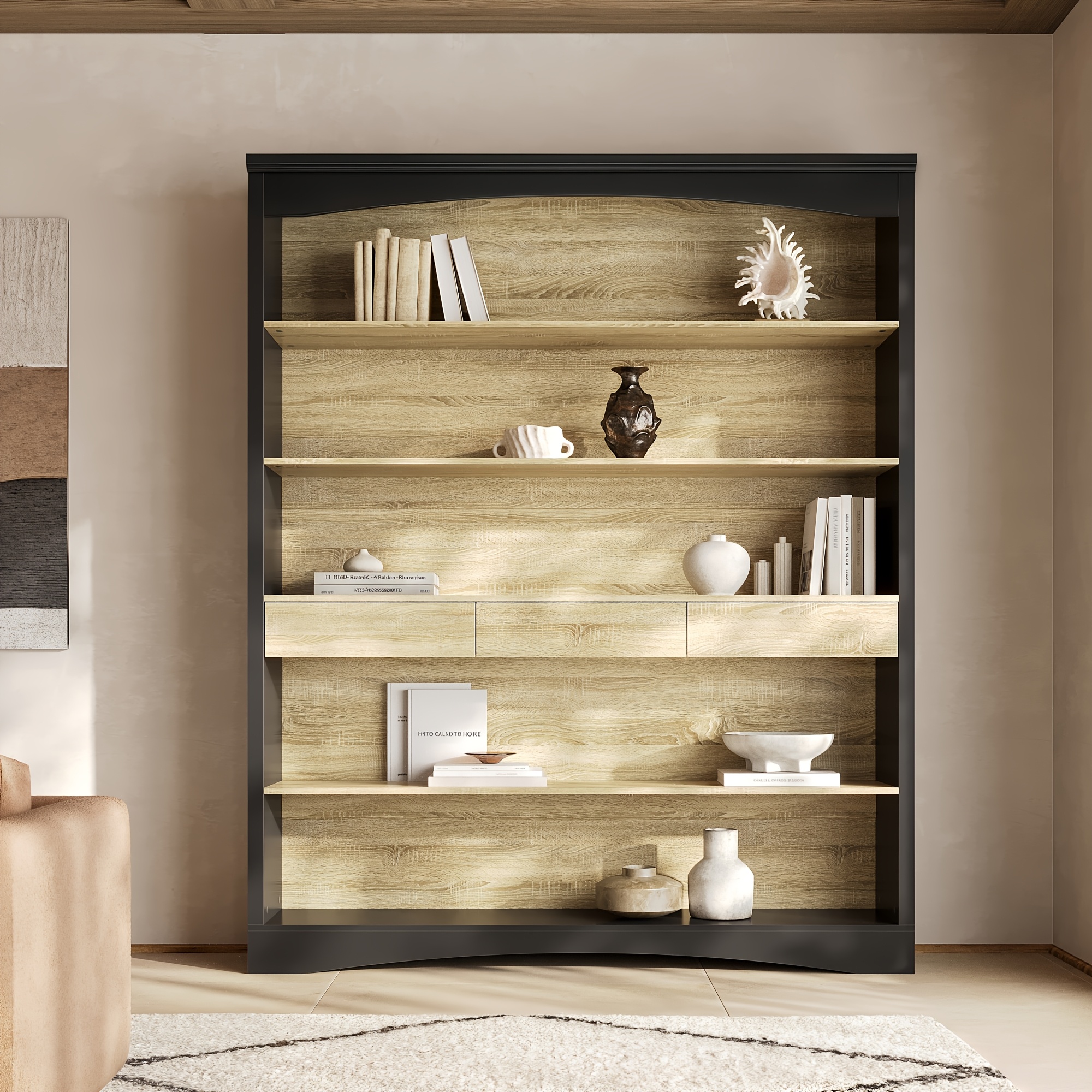 78 7 h modern bookcase wall with 3 drawers 6 tier office bookshelf storage organizer display shelf unit for home office living room stylish design oak black hardwood material floor mount Product details 0