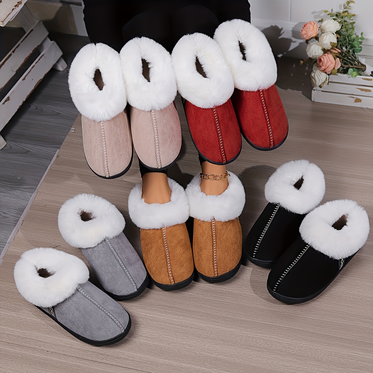 

Winter Fluffy Plush Lined Slippers, Solid Color Closed Toe Soft Sole Slip On Shoes, Cozy & Warm Home Slippers