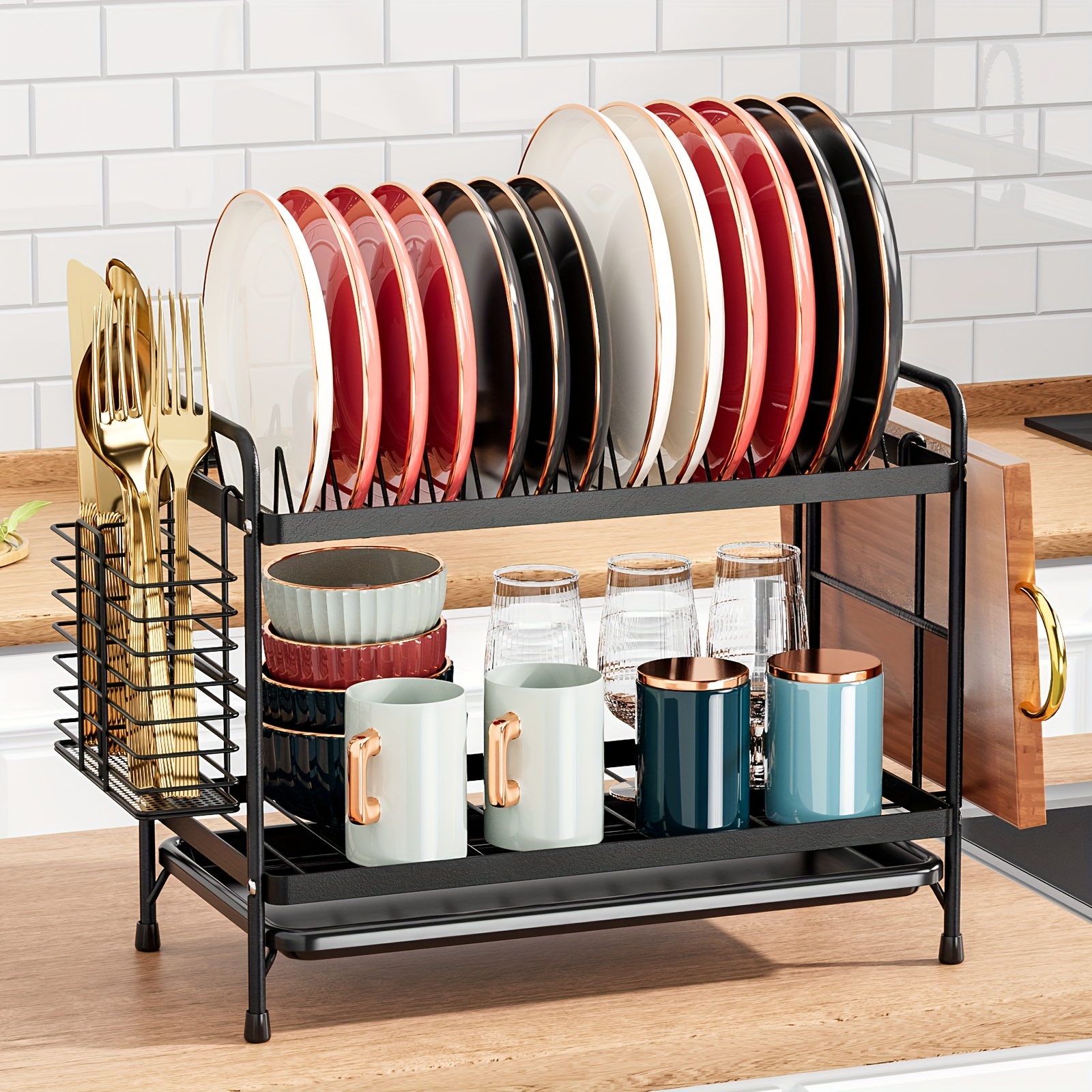 TEMU 1pc Modern Metal Kitchen Dish Rack With , Multi-functional Open-storage Organizer For Plates, Cups, Utensils, And Cutting Board Holder - No Electricity Needed, Black