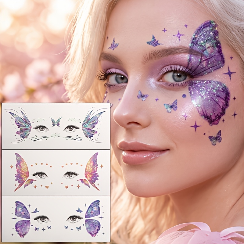 Image of 3 Sheets Glitter Temporary Tattoos, Tattoo Stickers, Waterproof Long-lasting Rave Additions For Party Performances, Festival Body Art, Eye Corner Decor, Mermaid Face Makeup