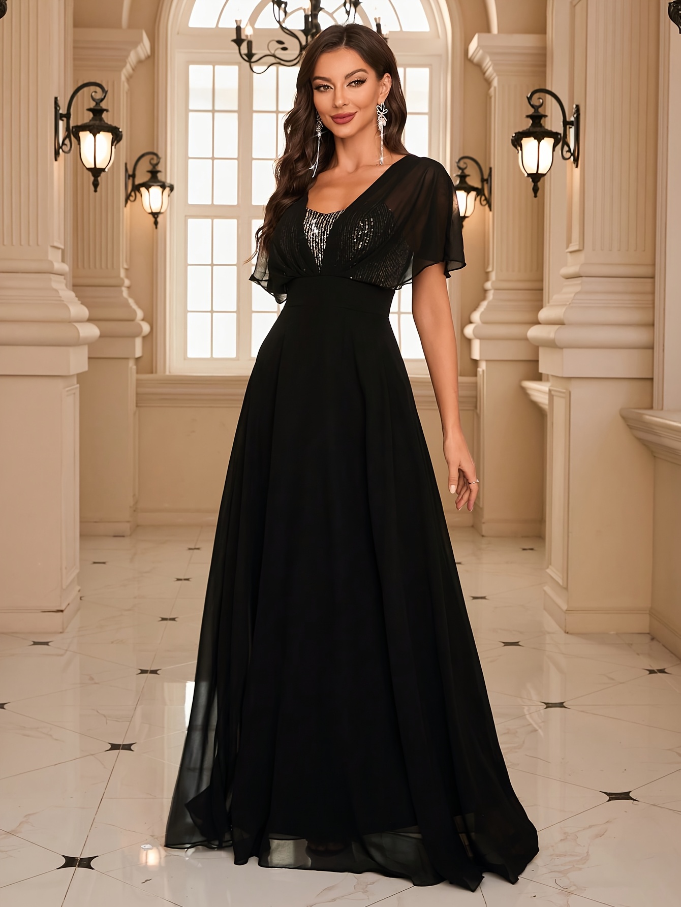 elegant directional v neck batwing sleeve chiffon dress