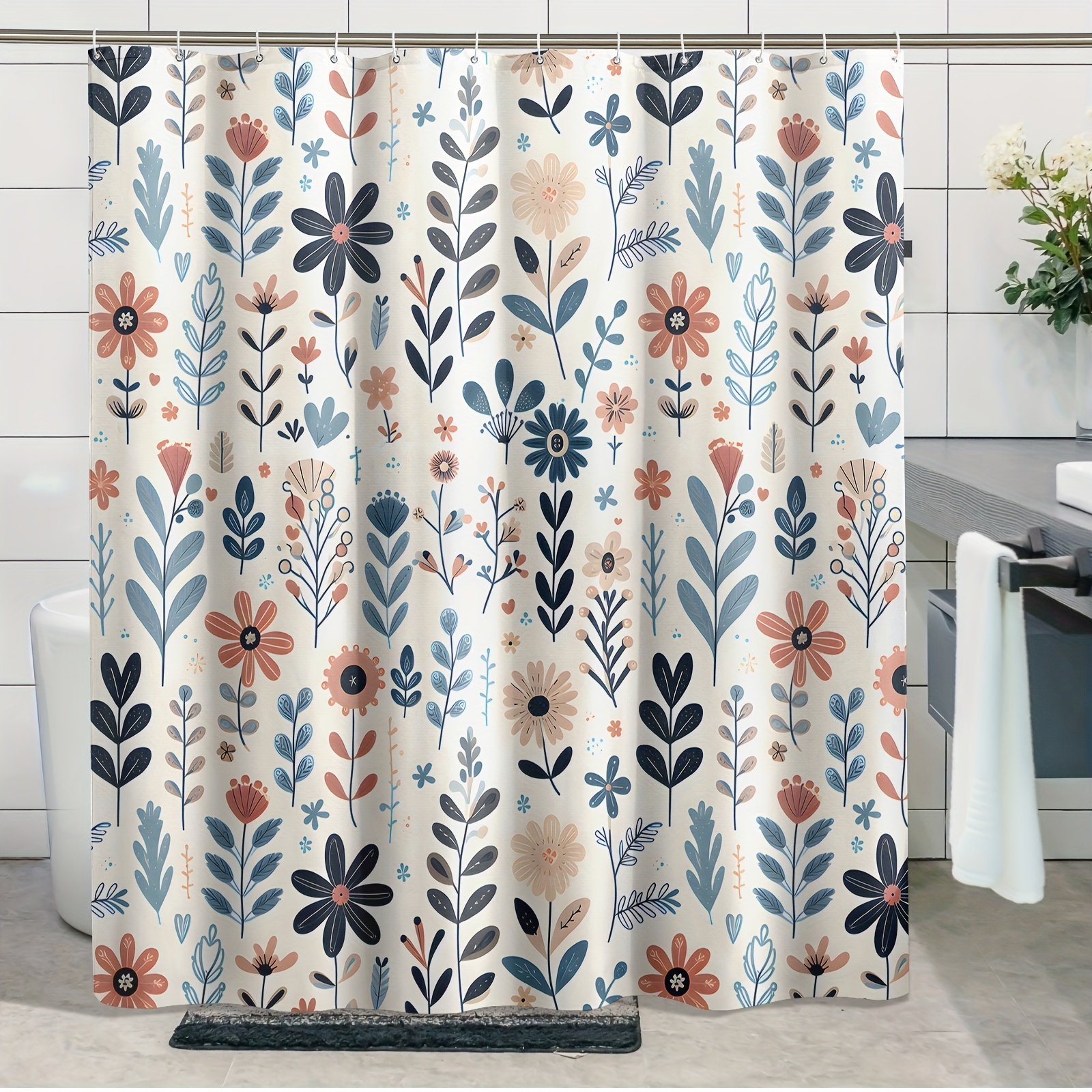 

Floral Polyester Shower Curtain, Water-resistant Pastoral Design, Machine Washable, Includes Hooks, Woven Farmhouse Bathroom Decor, All-season Unlined Fabric, Rustic Wildflower Pattern - 1pc 71x71