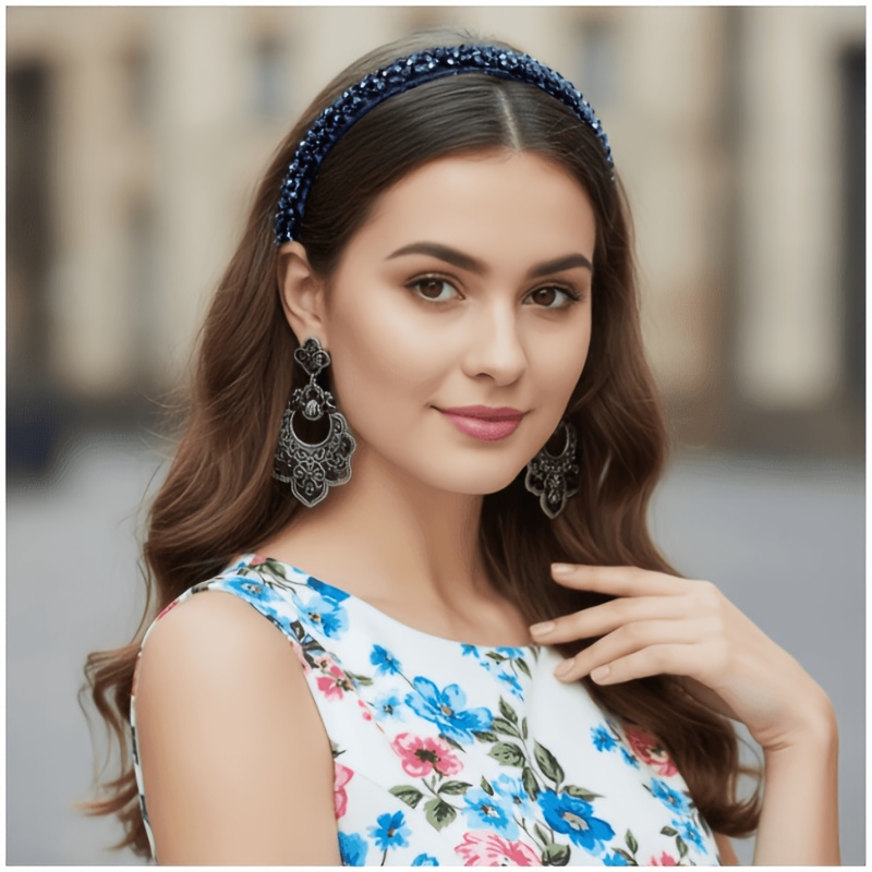 TEMU Vintage Navy Blue Rhinestone Headband, Women's Fashion High Crown Clip, Non-slip Hair Press Headband For And Hair