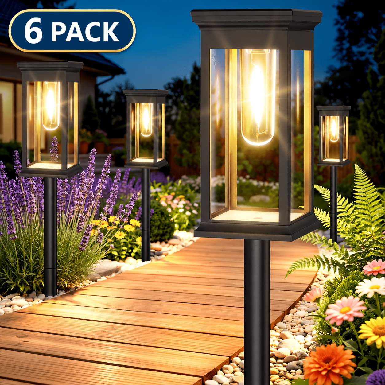 TEMU 6 Pack Solar Pathway Lights Outdoor, Warm White Led Solar Garden Stake Lights, Solar Pathway Lights For Halloween Garden, Yard, Driveway & Patio